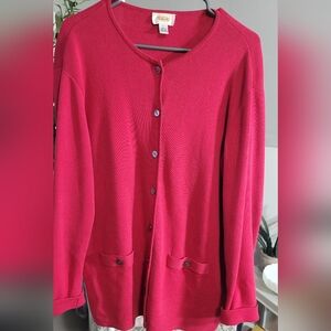 Talbots Red 100% Cotton Long Sleeve Ribbed Button-down Cardigan Large
